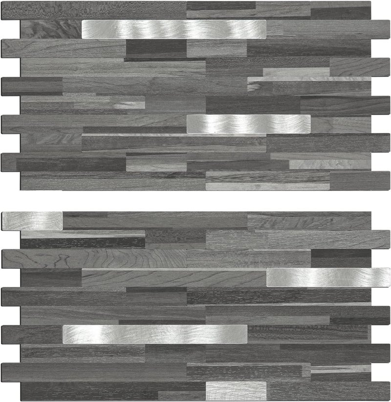 Midcard 20 Sheets Peel and Stick Backsplash, Black Grey Wood Look PVC Mixed Metal Stick on Backsplash Tiles for Kitchen - Image 1